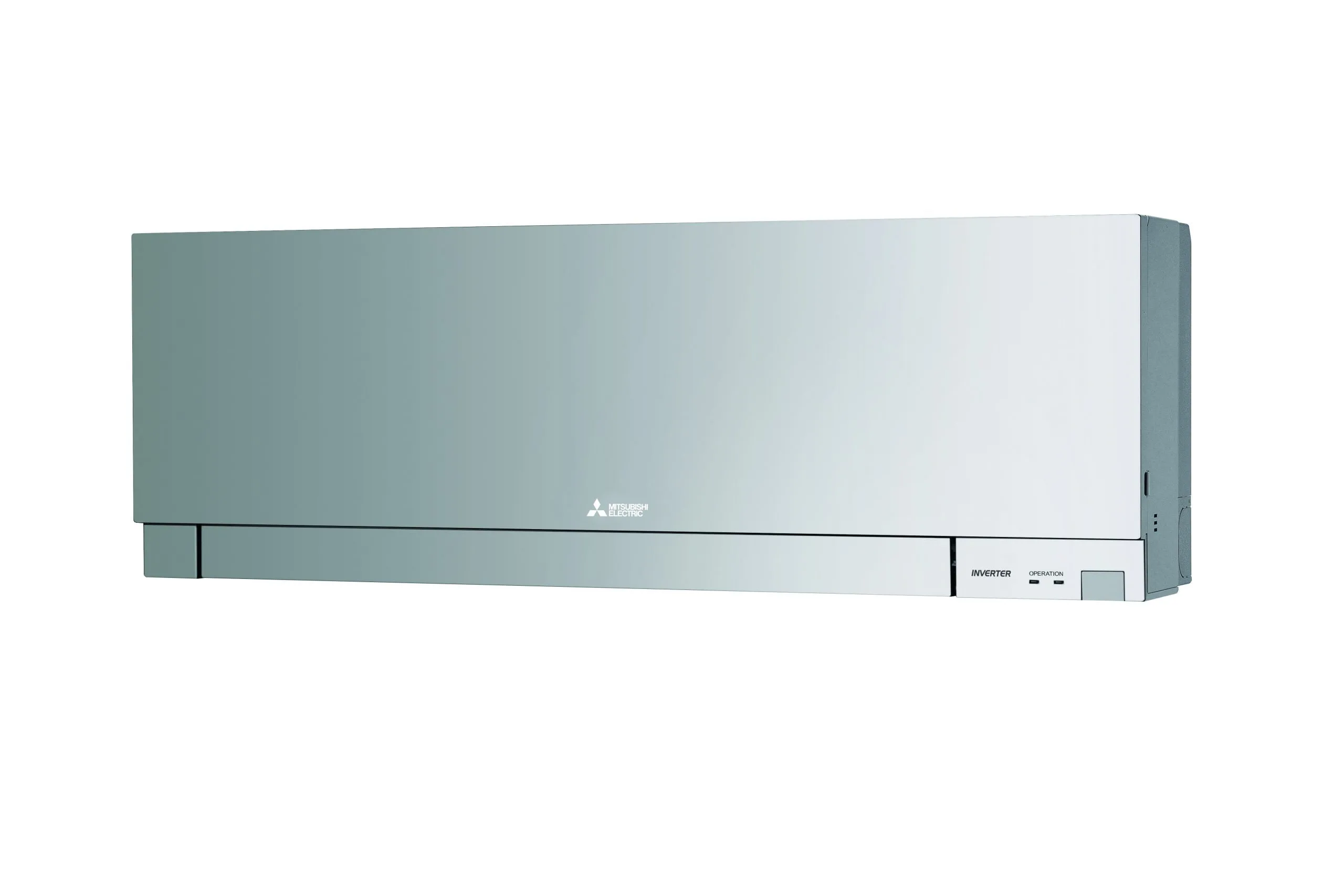 White Mitsubishi heat pump, with silver centre logo