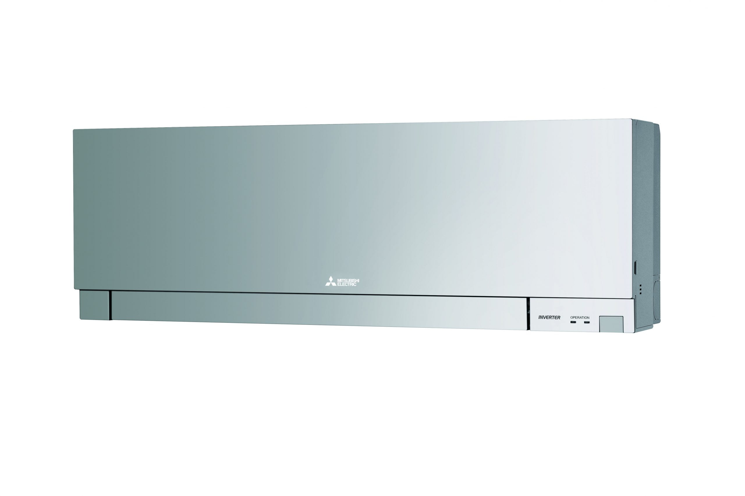 White Mitsubishi heat pump, with silver centre logo