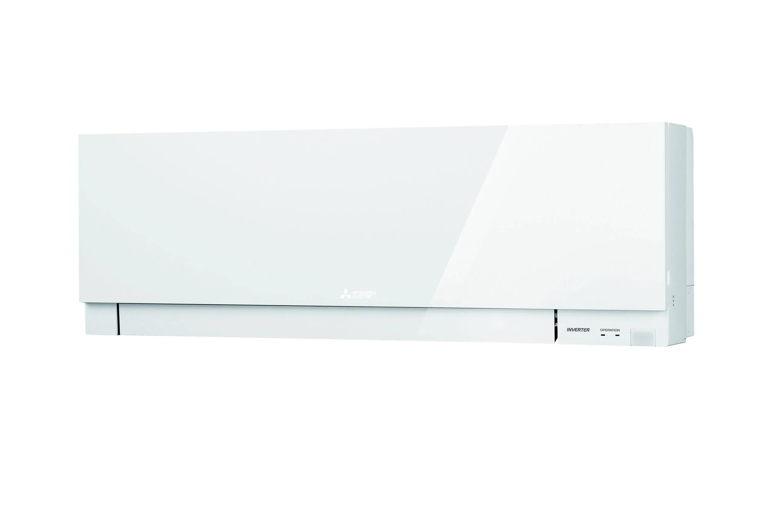 White Mitsubishi heat pump with logo on the bottom right