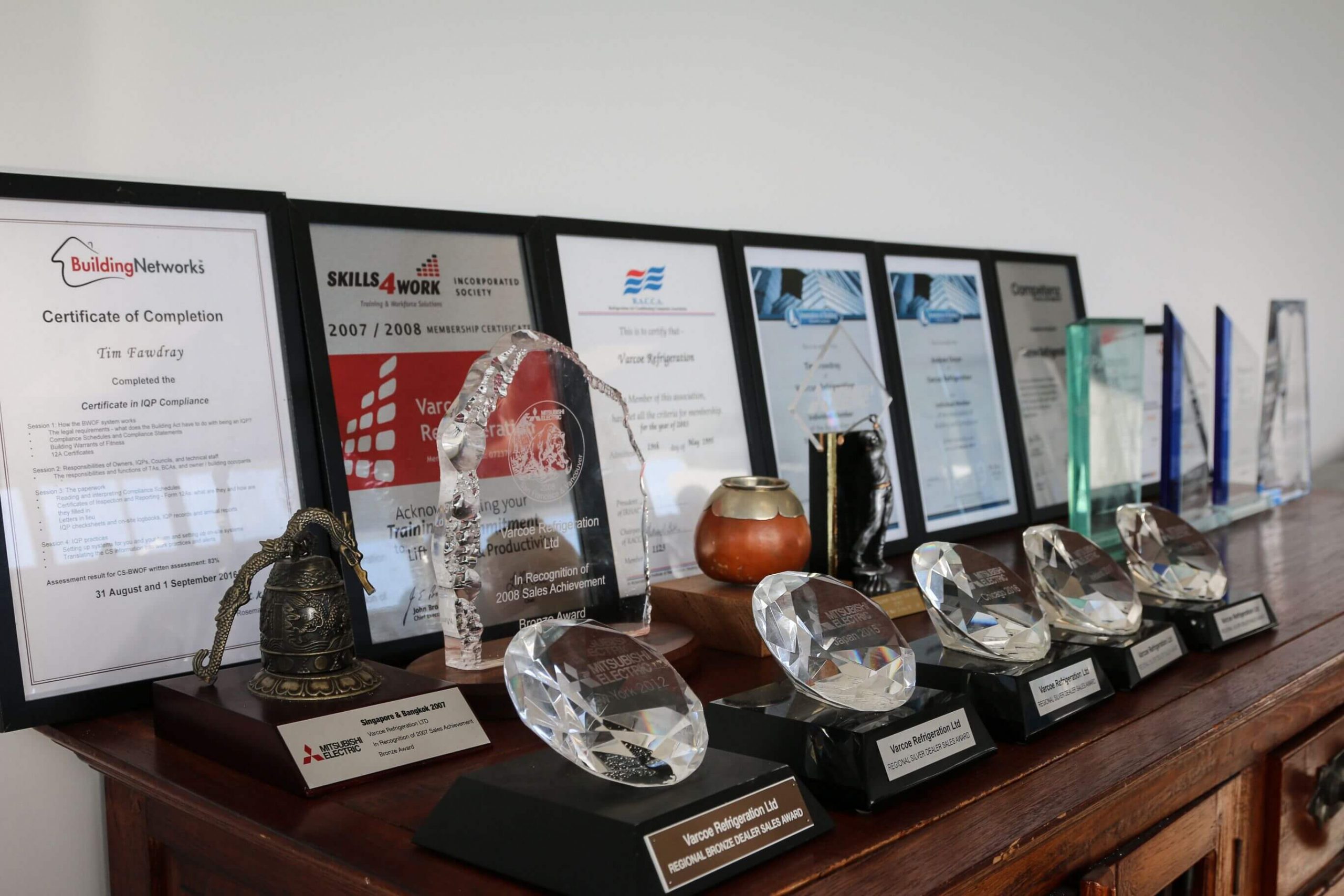 A display of all the awards Varcoe has won