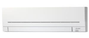 White Mitsubishi high wall heat pump with Mitsubishi logo on the bottom right