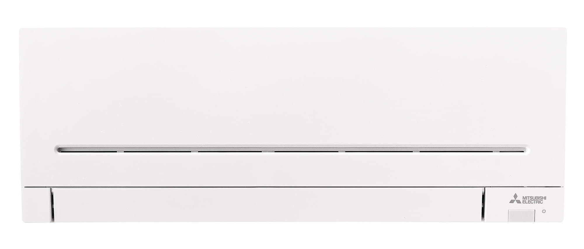White Mitsubishi Eectric heat pump with mistubishi logo on the top right of unit