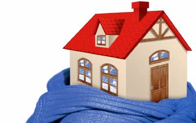 Illustration of a home wrapped in a blue scaff with a red roof