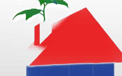 Red and blue house with leaf on top