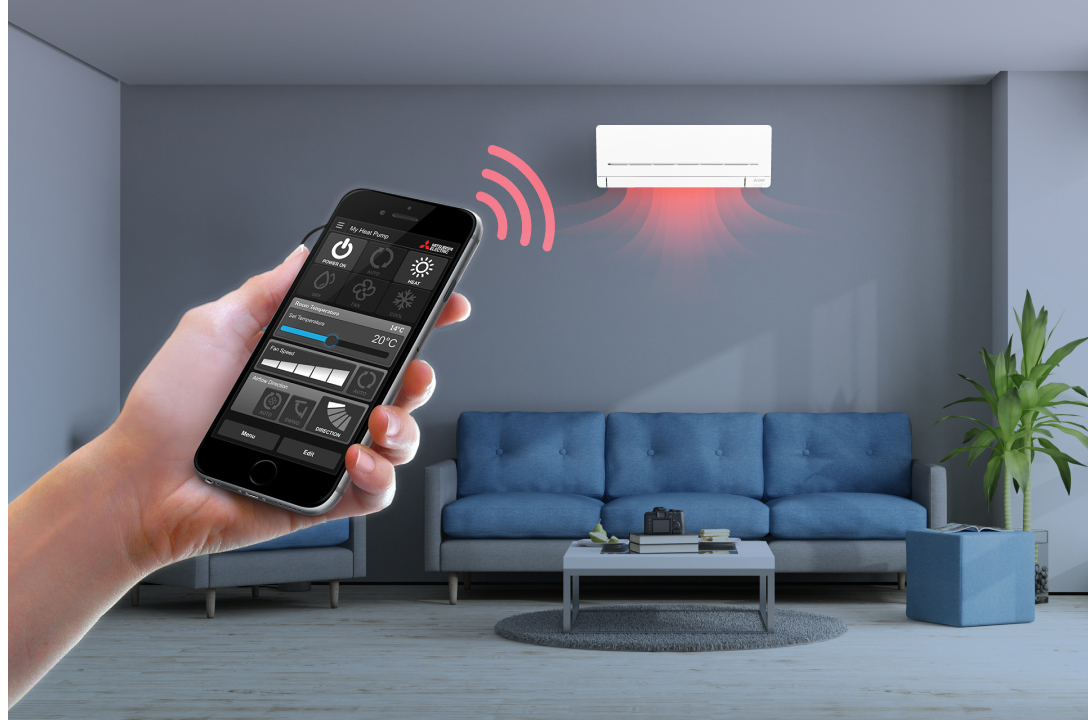 A person using a smartphone app to control a Wi-Fi-enabled air conditioner in a modern living room.