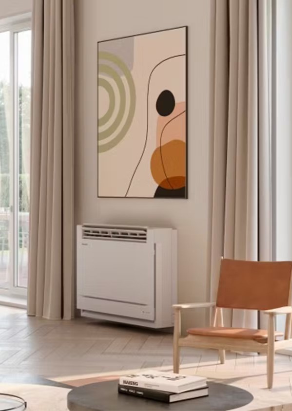 Modern interior with floor console air conditioner and stylish decor