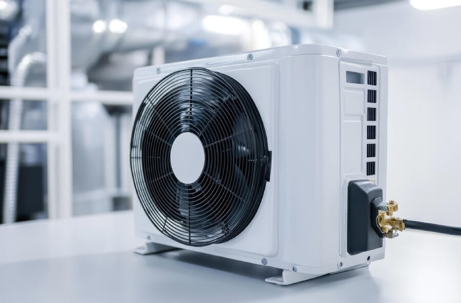 Heat pump unit on a sterile white table and background.