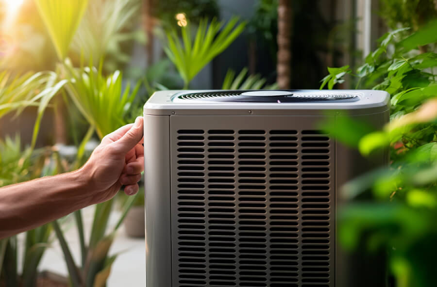 Person interacting with a heat pump system in a garden.